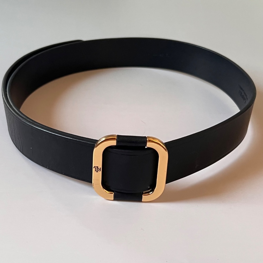 Ralph Lauren Black Leather Adjustable Waist Belt with Gold Buckle